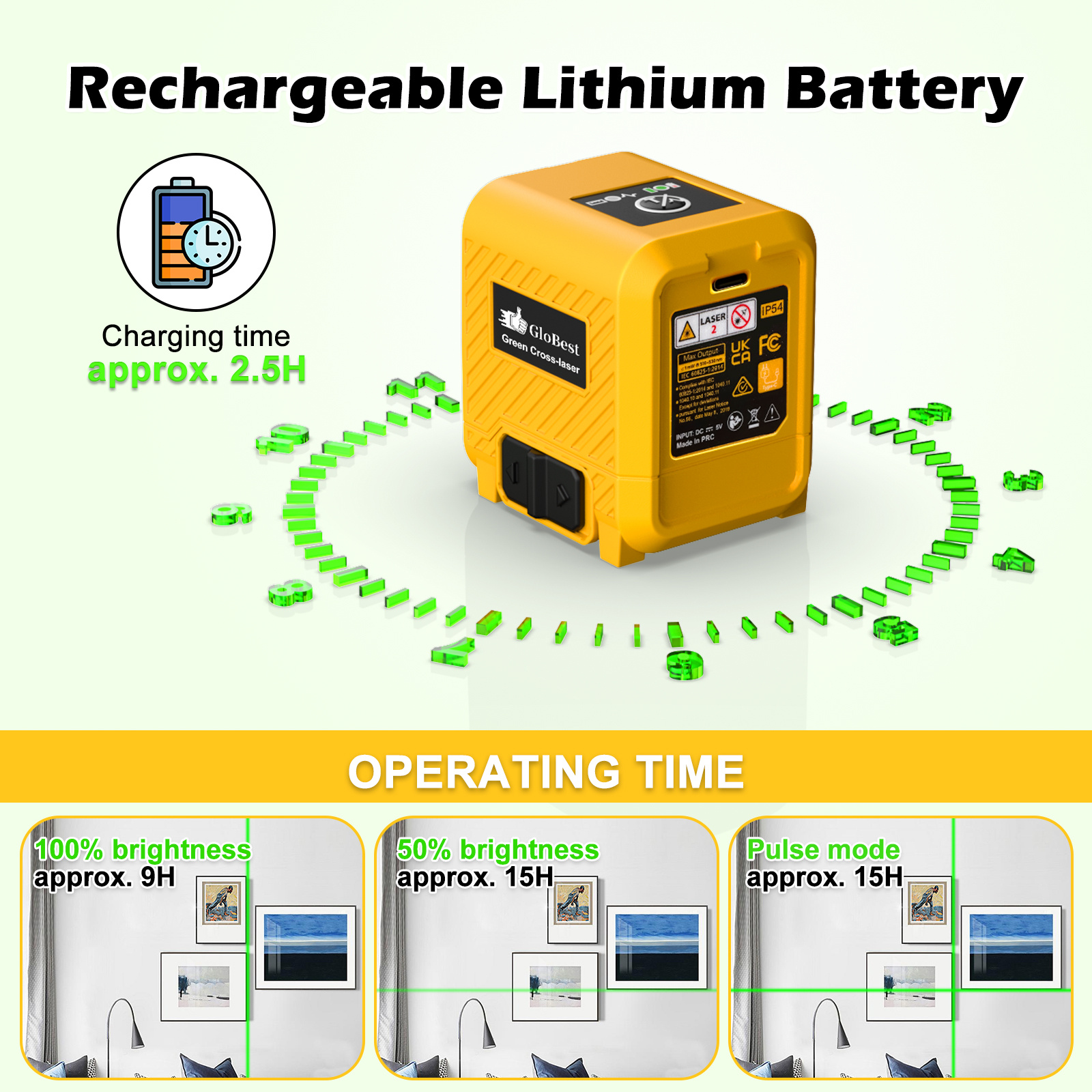 Laser Level, Rechargeable Lithium Battery Level Tool, Self-Leveling Green Cross Line Laser For Picture Hanging, Tiling, Home Renovation, Includes Folding Magnetic L-Bracket & Carry Pouch - Image 9
