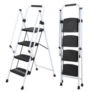 White Four-step Ladder, Light Folding Four-step Stool, Wide Anti-skid Pedal And Safety Handle, Strong Steel Ladder, Multi-purpose Ladder, Applicable To Family, Kitchen, Office Elevator