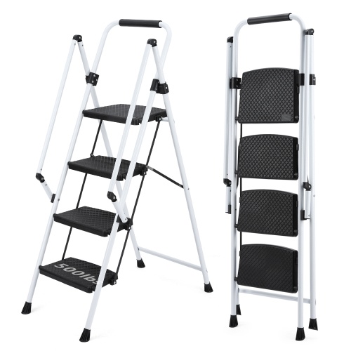 White Four-step Ladder, Light Folding Four-step Stool, Wide Anti-skid Pedal And Safety Handle, Strong Steel Ladder, Multi-purpose Ladder, Applicable To Family, Kitchen, Office Elevator