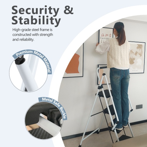 White Four-step Ladder, Light Folding Four-step Stool, Wide Anti-skid Pedal And Safety Handle, Strong Steel Ladder, Multi-purpose Ladder, Applicable To Family, Kitchen, Office Elevator - Image 2