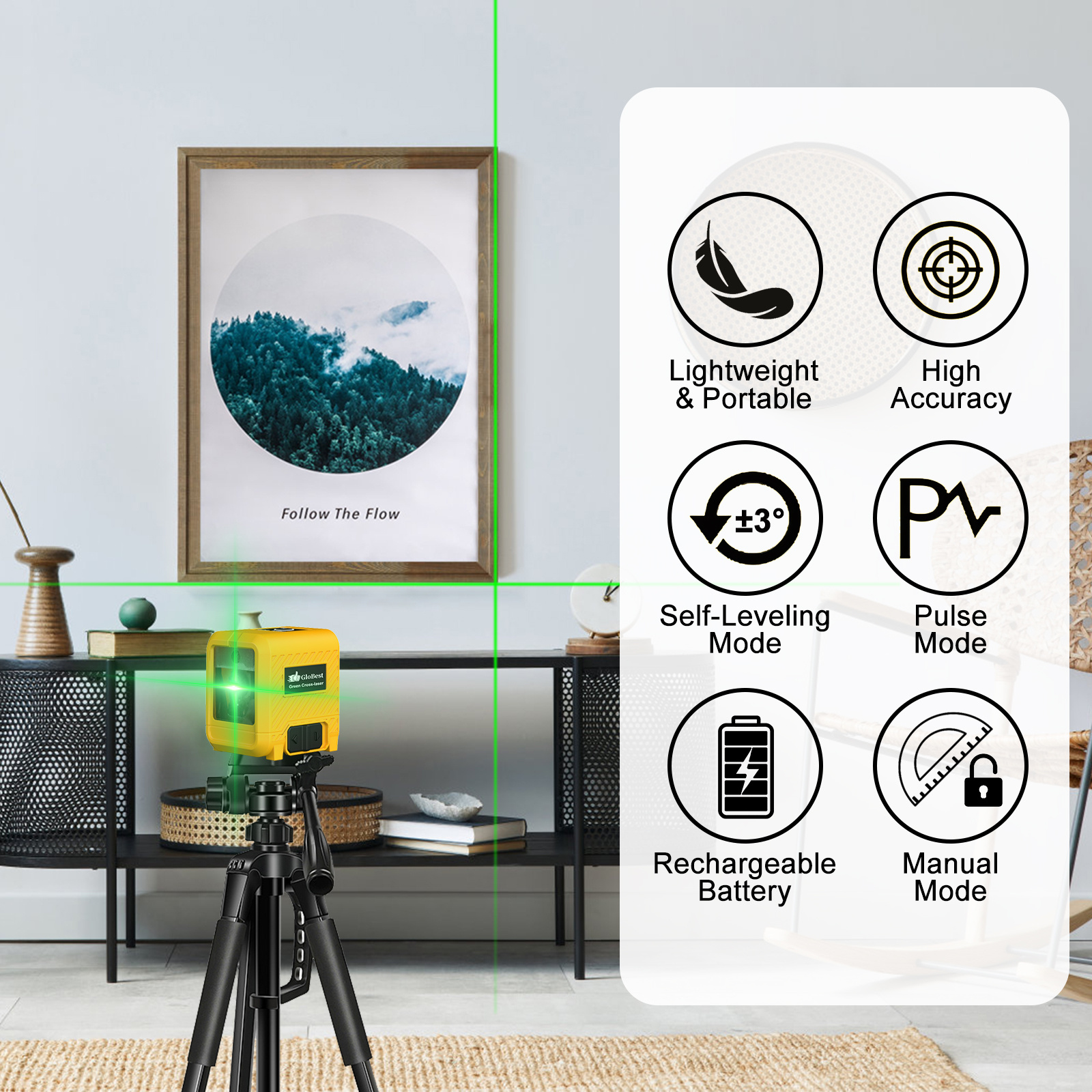 Laser Level, Rechargeable Lithium Battery Level Tool, Self-Leveling Green Cross Line Laser For Picture Hanging, Tiling, Home Renovation, Includes Folding Magnetic L-Bracket & Carry Pouch - Image 2
