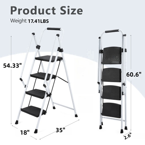 White Four-step Ladder, Light Folding Four-step Stool, Wide Anti-skid Pedal And Safety Handle, Strong Steel Ladder, Multi-purpose Ladder, Applicable To Family, Kitchen, Office Elevator - Image 3