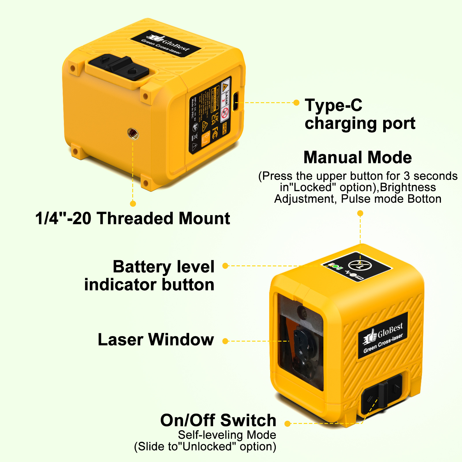 Laser Level, Rechargeable Lithium Battery Level Tool, Self-Leveling Green Cross Line Laser For Picture Hanging, Tiling, Home Renovation, Includes Folding Magnetic L-Bracket & Carry Pouch - Image 6