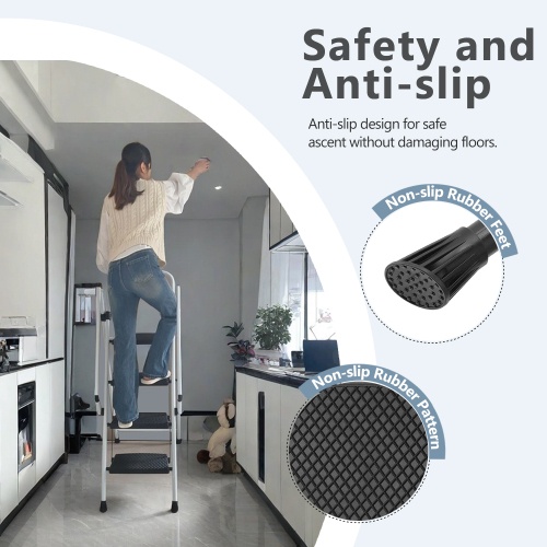 White Four-step Ladder, Light Folding Four-step Stool, Wide Anti-skid Pedal And Safety Handle, Strong Steel Ladder, Multi-purpose Ladder, Applicable To Family, Kitchen, Office Elevator - Image 8